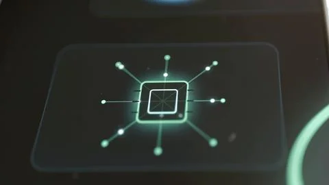 Square green processor symbol connects by ten thin lines to luminous nodes Stock Photos