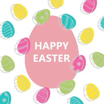 Square greeting card Happy Easter with decorated eggs on white background. .. Stock Illustration