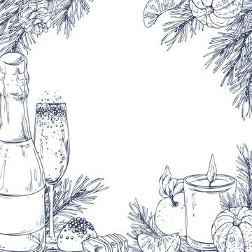 Square hand drawn line art graphic illustration features a Christmas template Stock Illustration