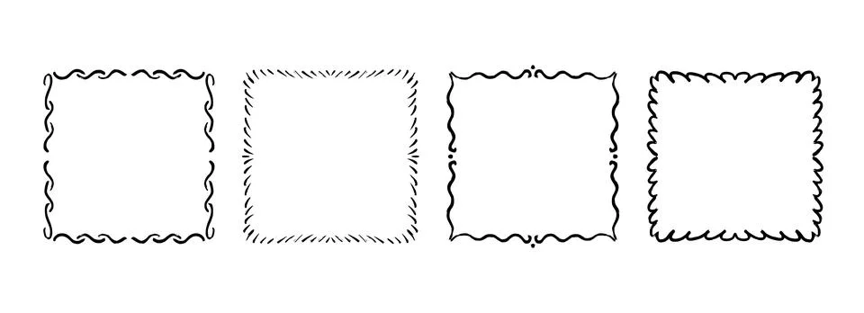 Square hand drawn wavy frame set. Different black ribbon border collection Stock Illustration