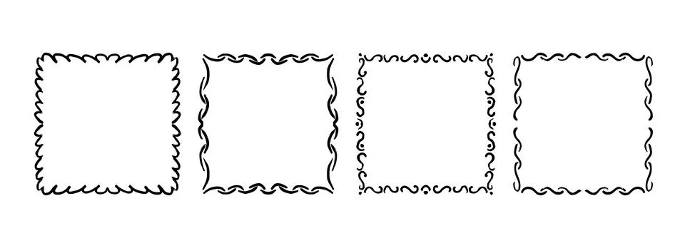 Square hand drawn wavy frame set. Black ribbon border collection. Doodled lace Stock Illustration