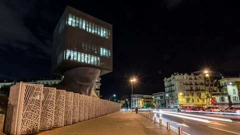 The Square head sculpture building and the Central Library in Nice, France Stock Footage 83932297