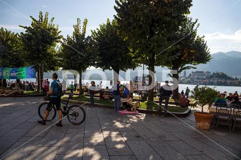 The square in the historic center of Orta, in Piedmont, Italy, crowded with t Stock Photos