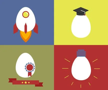 Square icons with egg as rocket, knowledge, rewarding and lamp Illustrazione stock