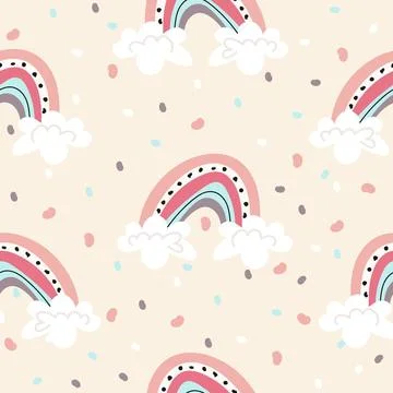 Square image of pastel rainbow with clouds and jelly beans repeated on beige イラスト素材