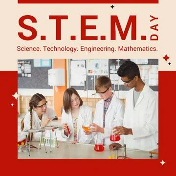 Square image of stem day text with diverse school pupils in chemistry lab Stock Photos