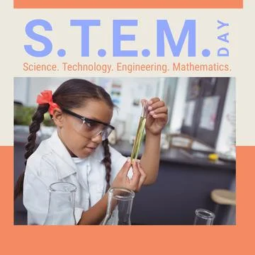 Square image of stem day text with biracial schoolgirl in chemistry class Stock Photos