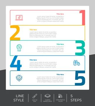 Square infographic vector design with 5 steps &amp; colorful style for presentati Stock Illustration