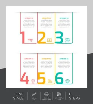 Square infographic vector design with 6 steps &amp; colorful style for presentati Stock Illustration