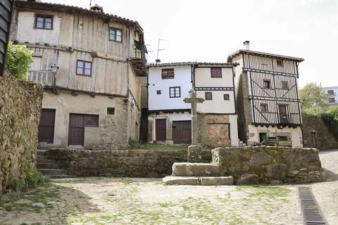 Square of La Alberca town Typical houses with granite stone plinths and upp.. Stock Photos