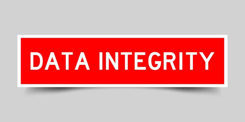 Square label sticker with word data integrity in red color on gray background Stock Illustration