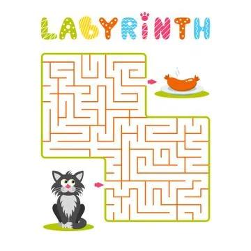 Square labyrinth with gray cartoon cat and plate with sausage on white Stock Illustration
