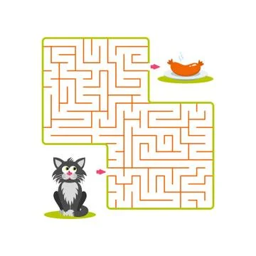 Square labyrinth with gray cartoon cat and plate with sausage on white backgr Stock Illustration
