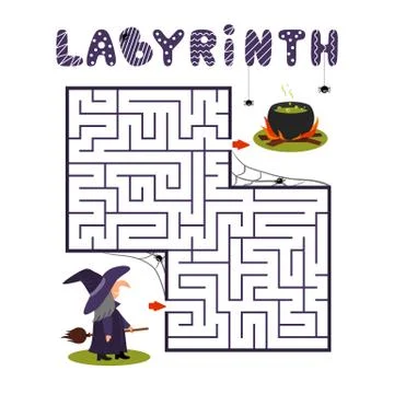 Square labyrinth with witch and cauldron on white background. Children maze.  Stock Illustration