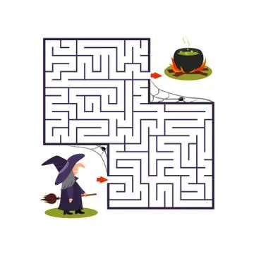Square labyrinth with witch and cauldron on white background. Children maze.  Stock Illustration