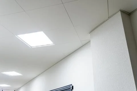 Square lamp on a white office ceiling. Interior design in the office. A fluor Foto stock