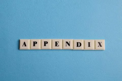 Square letters with text APPENDIX isolated on blue background Stock Photos