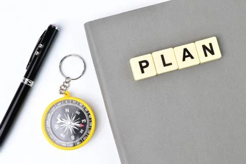 Square letters with text PLAN. Top view. Foto stock