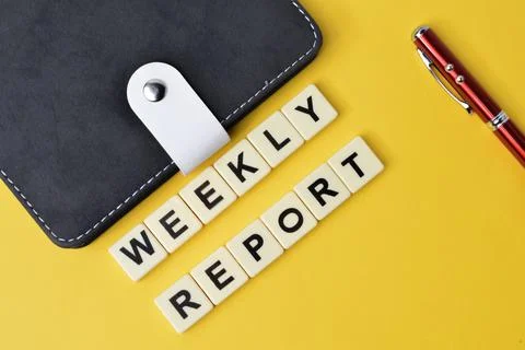 Square letters with text WEEKLY REPORT over yellow background. Stock Photos