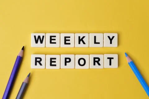 Square letters with text WEEKLY REPORT over yellow background. Stock Photos