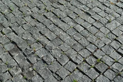 Square lined with cobblestone or stone pavement, walkway or road. Stock Photos