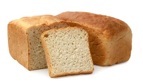 Square loaf of bread, half, and slice on a white background. Isolated. Stock Photos