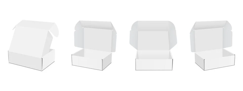 Square Mailing Paper Boxes with Opened Lid, Front, Side, Back View Stock Illustration
