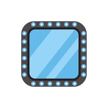 Square makeup mirror with light bulbs reflecting light blue surface Illustrazione stock