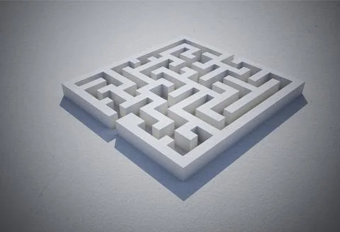Square maze is appearing as 3D render with concrete corridors and angular Stock Photos