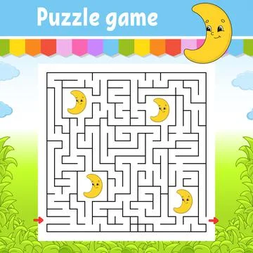 Square maze. Cute crescent. Game for kids. Puzzle for children. Labyrinth con Stock Illustration