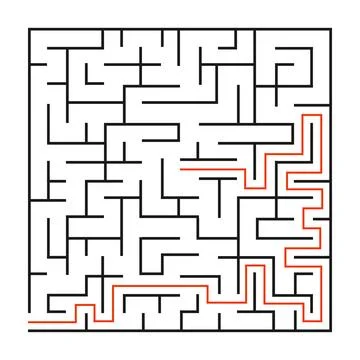 Square maze labyrinth logic game for kids with solution correct path Stock Illustration