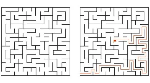 Square maze puzzle game with red solution path and flag vector illustration. Stock Illustration