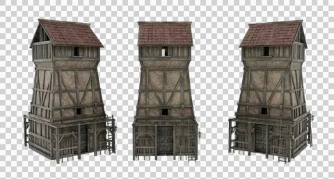 Square medieval look out tower with view platform at top. 3D rendering with.. Illustrazione stock