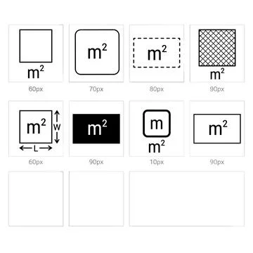 Square meter symbol icon set in black and white vector style with pixel siz.. Stock Illustration