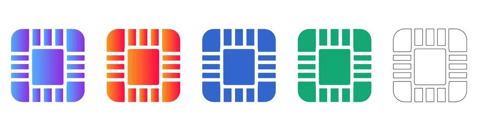 Square Microchip Processor Component Icon Set Stock Illustration
