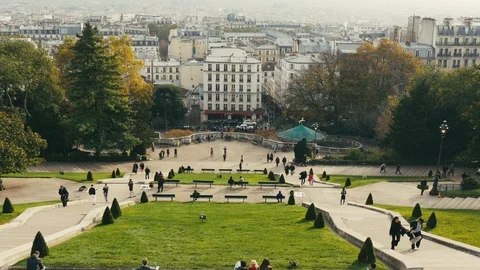 The Square Nadar in Paris.It has two parallel granite staircases and a lawn Stock Footage 86691433