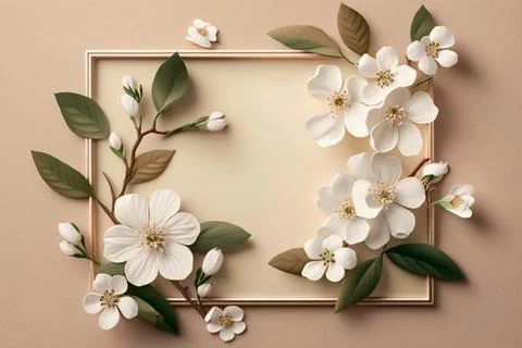 Square natural spring frame of cherry or apple blossoms in bloom on the backg Stock Illustration