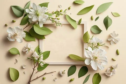 Square natural spring frame of cherry or apple blossoms in bloom on the bac.. Stock Illustration