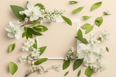 Square natural spring frame of cherry or apple blossoms in bloom on the bac.. Stock Illustration