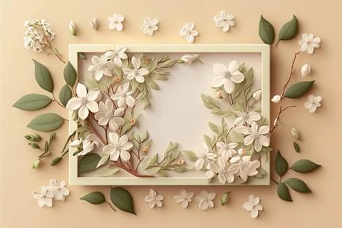 Square natural spring frame of cherry or apple blossoms in bloom on the backg Stock Illustration