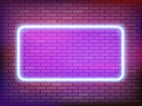 Square neon frame template on a brick wall. Stockillustratie