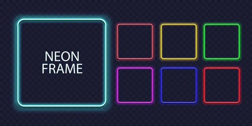 Square neon frames. Fluorescent outline border. Realistic vector led shape Stock Illustration