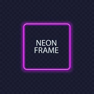 Square neon frames. Fluorescent outline border. Realistic vector led shape Stock Illustration