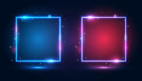 Square neon frames with shining effects, highlights and inscriptions on a dark Stock Illustration