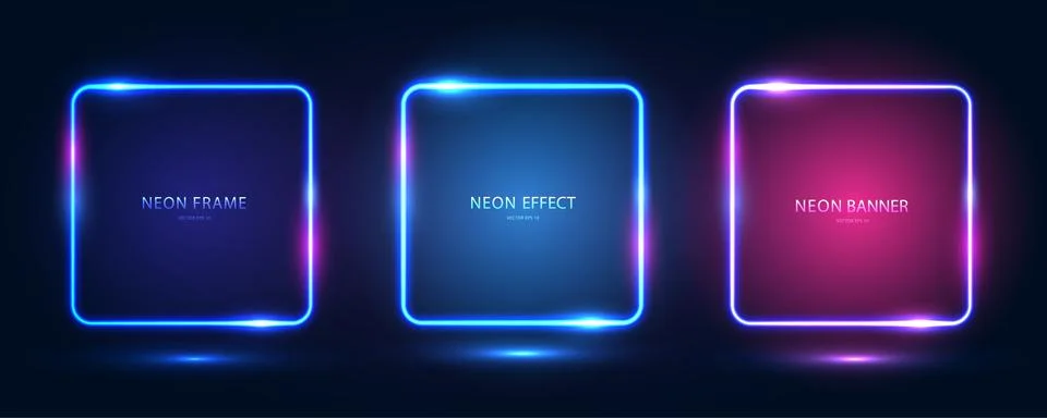 Square neon frames with shining effects, highlights and inscriptions on a dark Stock Illustration
