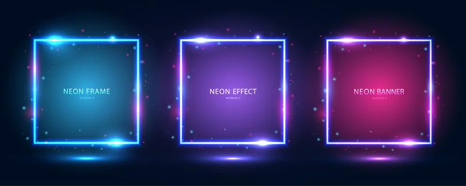 Square neon frames with shining effects, highlights and inscriptions on a dark Stock Illustration