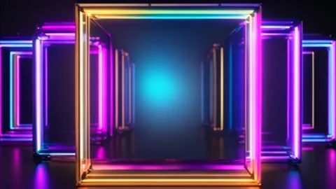 Square, neon, glowing colorful frames on black background for around frame... Stock Footage 273953631