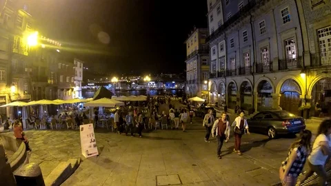SQUARE AT NIGHT NEAR THE DOURO RIVER WITH PEOPLE FROM PORTO, PORTUGAL Stock Footage 95942865