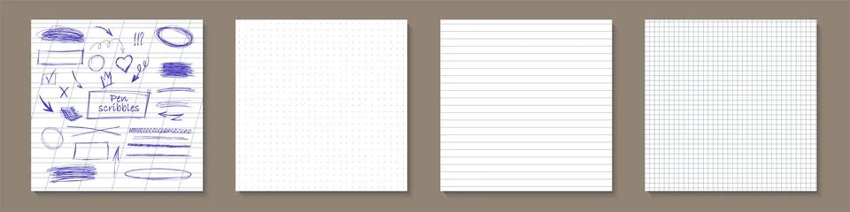 Square notebook note mockup sheets with blue ballpen underline scribble. White Stock Illustration