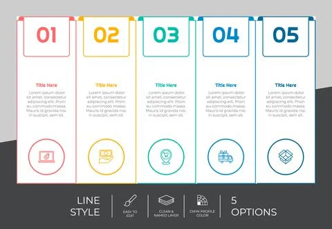Square option infographic vector design with 5 steps &amp; colorful style for pre 스톡 일러스트